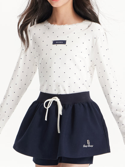 Girls Polka Dot Lace Trim Long Sleeve Tee with Logo