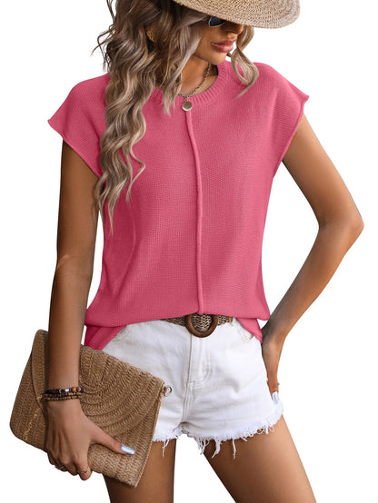 Lightweight Knit Cap Sleeve Top Crewneck Summer Tee