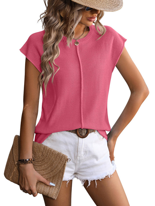 Cap Sleeve Knit Top Crewneck Lightweight Summer Tee