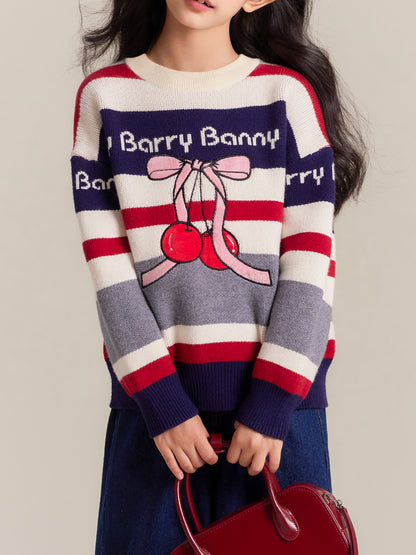 Girls Thick Knit Crew Neck Sweater with Cherry Design