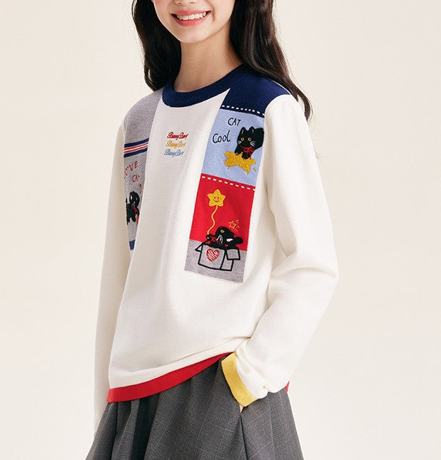 Girls' Cartoon Cat Graphic Knit Pullover Sweater