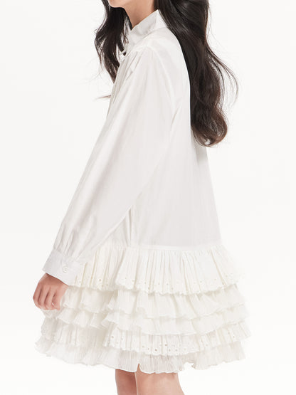 Girls White Ruffle Shirt Dress with Collar and Heart Pocket