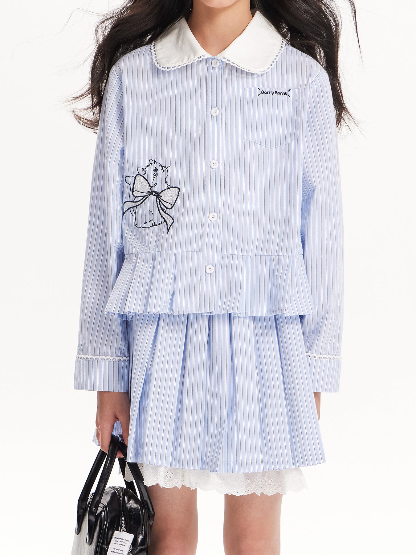 Girls Striped Doll Collar Embroidered Cat Set