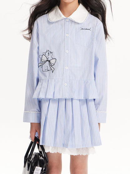 Girls Striped Doll Collar Embroidered Cat Set