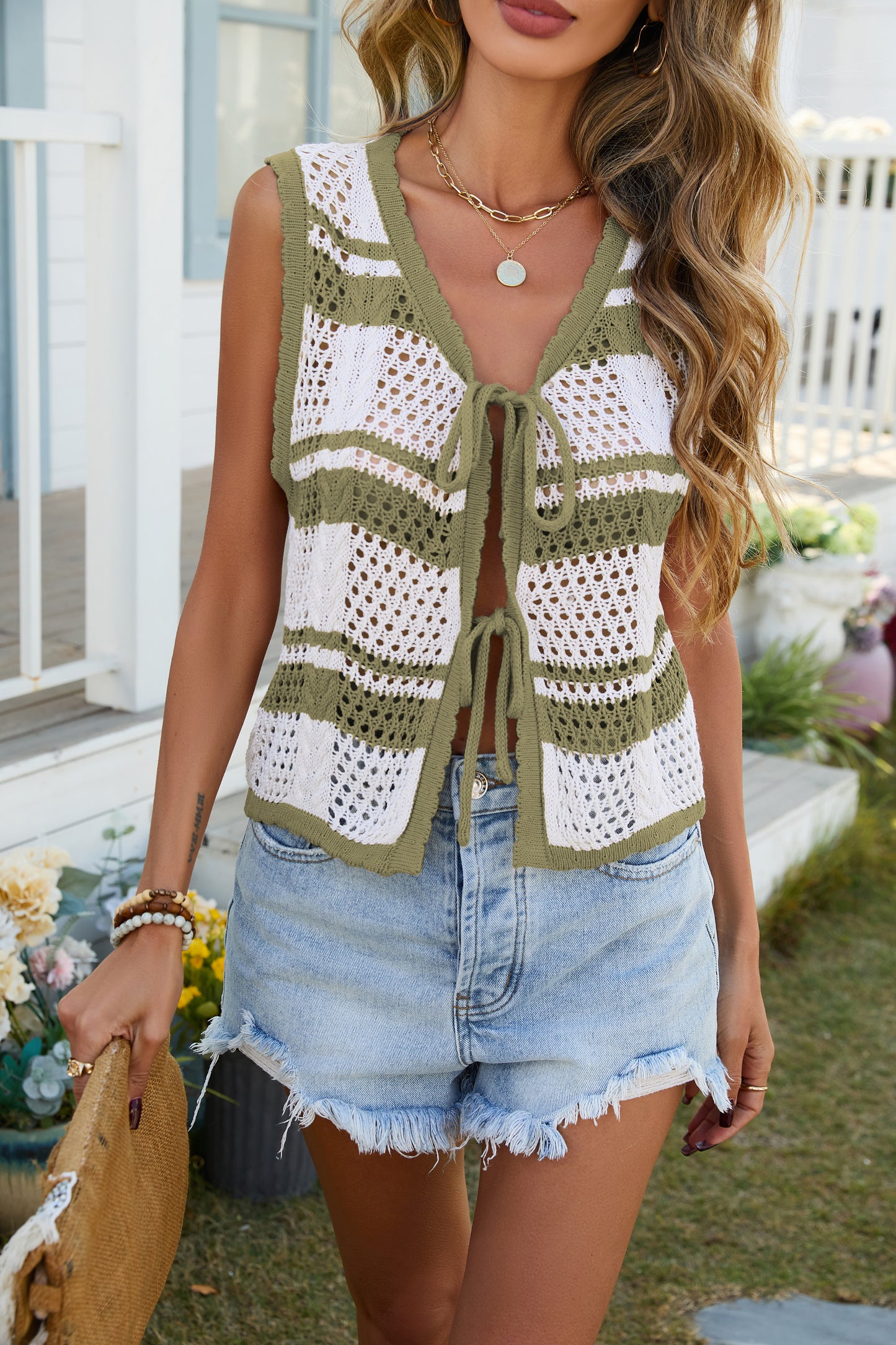 Women's Striped Crochet Tie Front Vest Sleeveless Boho Cardigan