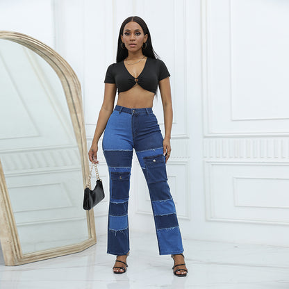 Plus Size Patchwork Women's High Waist Jeans Ripped Wide Leg Jeans