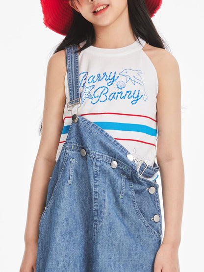 Girls Summer Knit Tank Top Striped Dolphin Graphic Vest