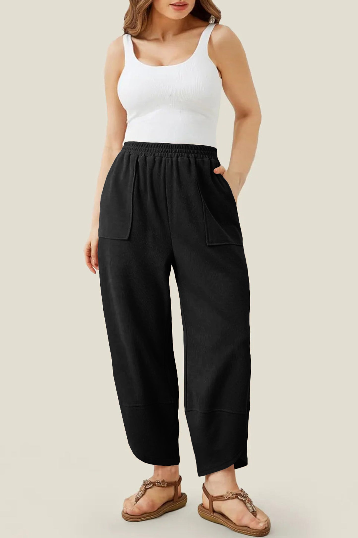 Black Plus Size Elastic Waist Asymmetrical Loose Capris Pants