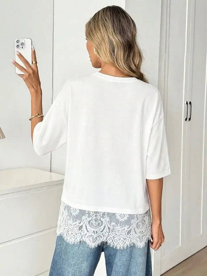 Women's Lace Hem Patchwork Short Sleeve Tee