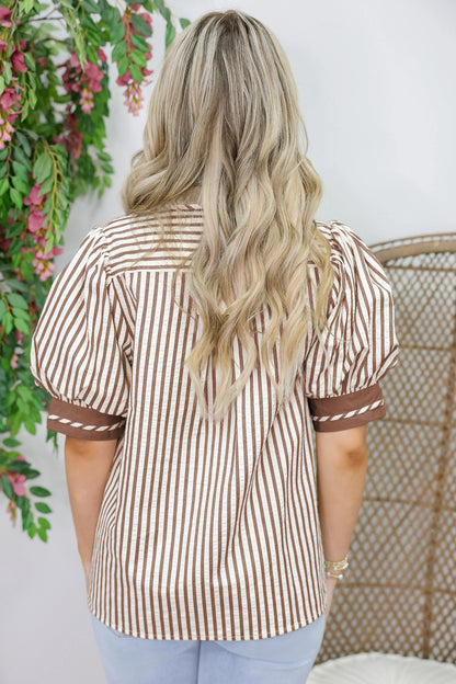 Khaki Striped Split Neck Puff Sleeve Blouse Top