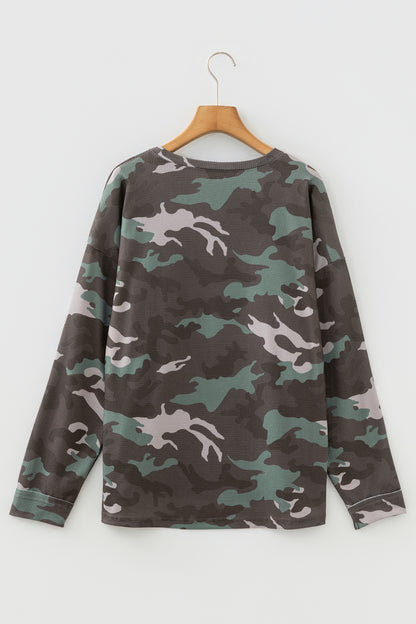 Green Camo Textured Drop Shoulder Long Sleeve Top