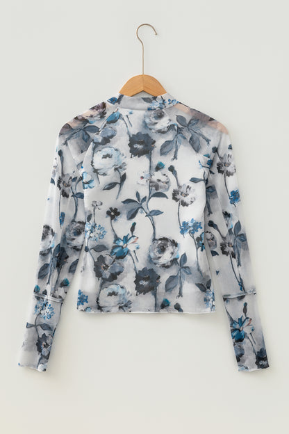 Blue Floral Mesh Mock Neck Long Sleeve Top