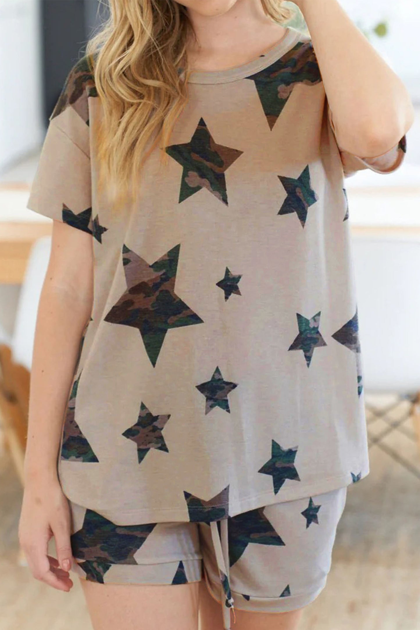 Women Star Print Lounge Set Casual Tee Shorts Two Piece