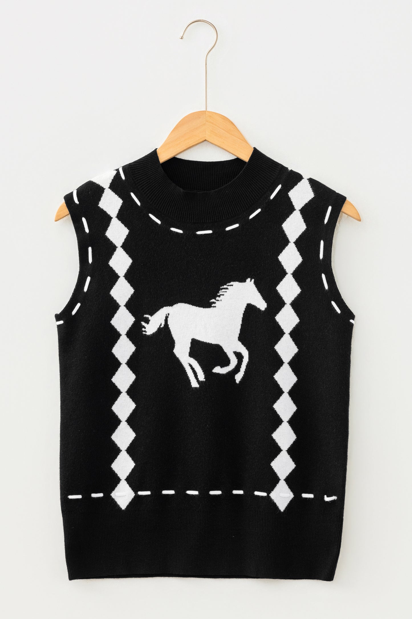 Black Western Horse Knit Sweater Vest Mock Neck Tank Top