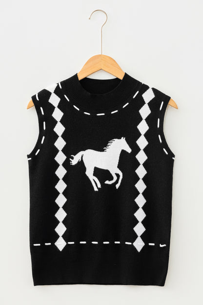 Black Western Horse Knit Sweater Vest Mock Neck Tank Top