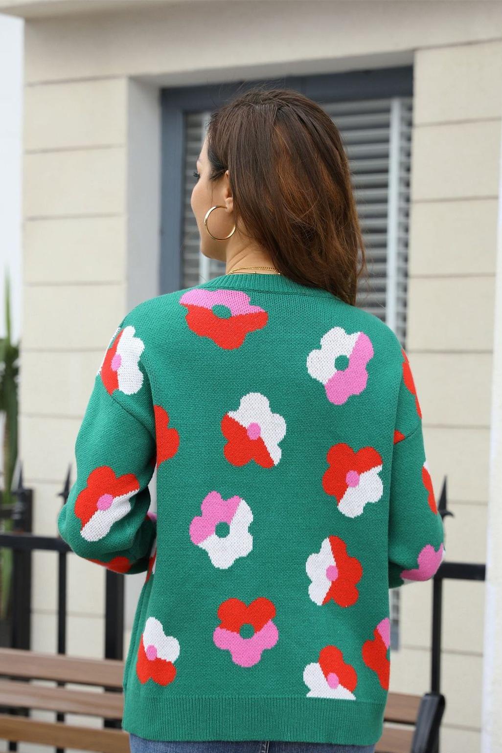 Retro Floral Print Sweater – Colorblock Knit Pullover