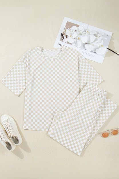 Khaki Checkered Short Sleeve Tee and Wide Leg Pant Set