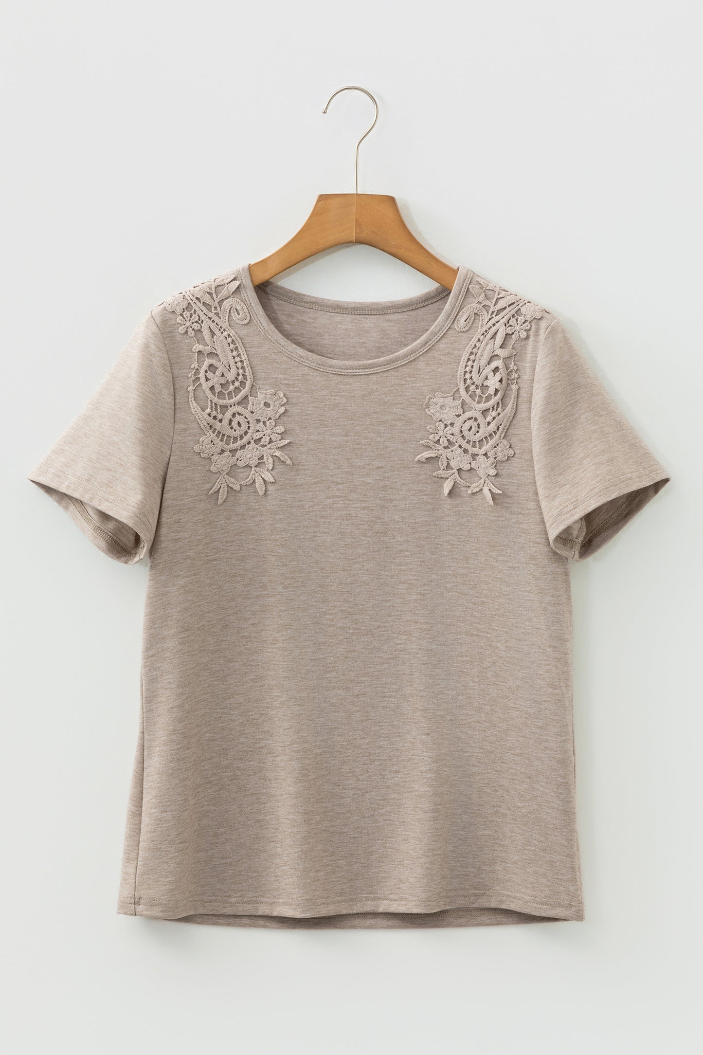 Smoke Gray Lace Patch Round Neck Short Sleeve Tee