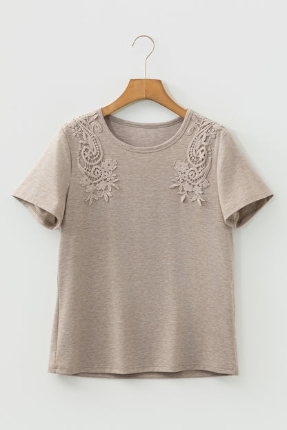 Smoke Gray Lace Patch Round Neck Short Sleeve Tee