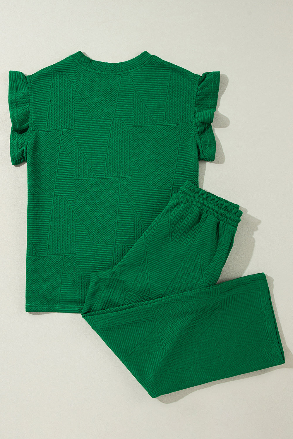 Dark Green Ruffled Sleeve Summer Top and Cropped Loose Pants Set