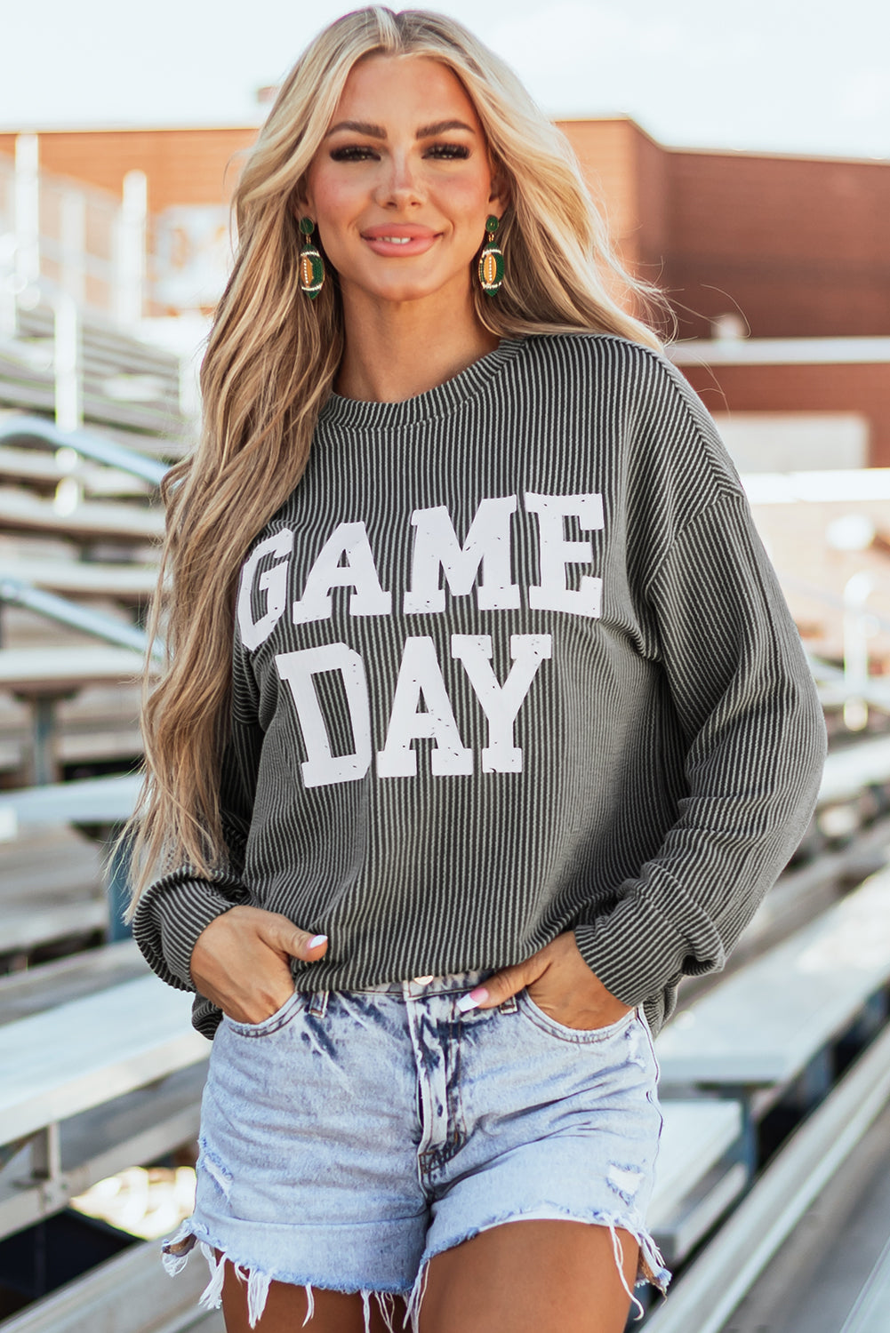 Dark Grey Corded Game Day Graphic Long Sleeve Top