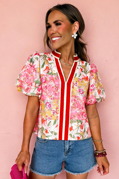 Pink Floral V Neck Puff Sleeve Blouse Women Summer Top