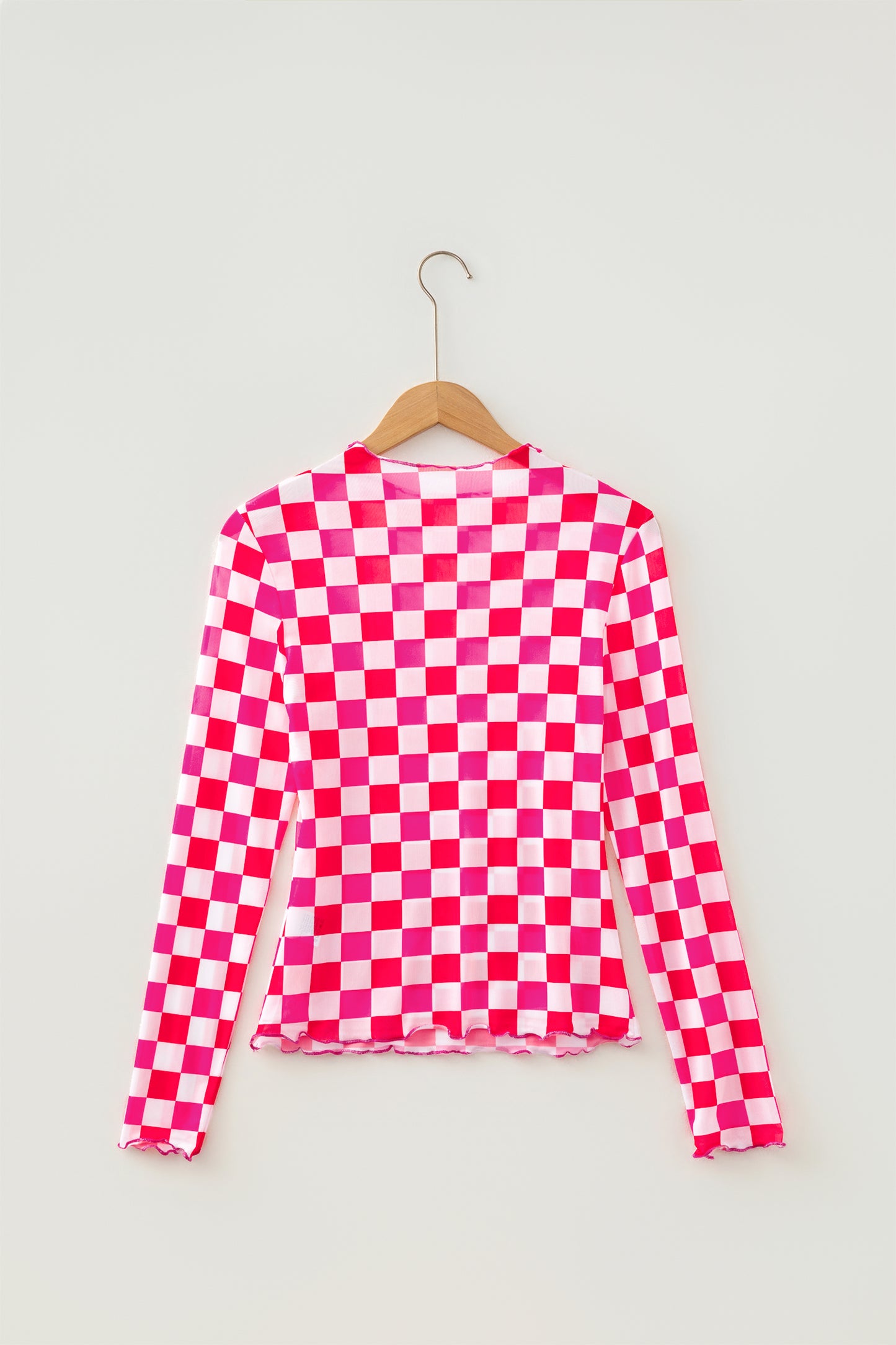Rose Checkerboard Mesh Long Sleeve Fitted Top