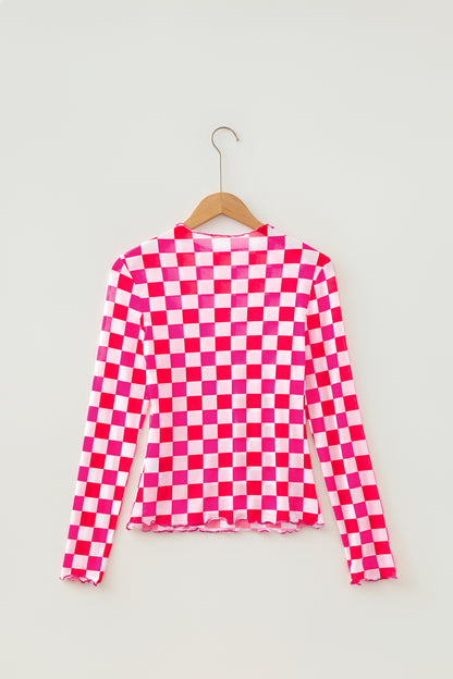 Rose Checkerboard Mesh Long Sleeve Fitted Top