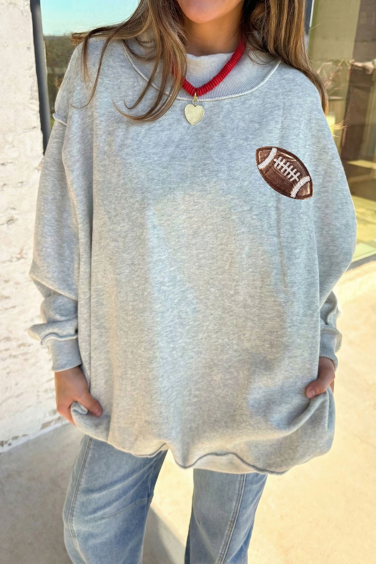 Football Patch Sequin Game Day Mock Neck Sweatshirt
