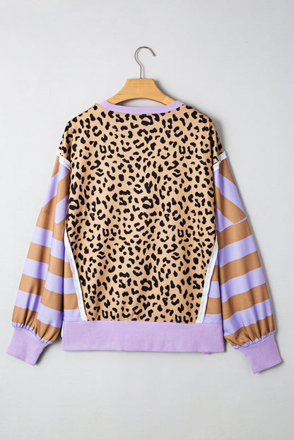 Khaki Stripe Colorblock Leopard Oversized Sweatshirt