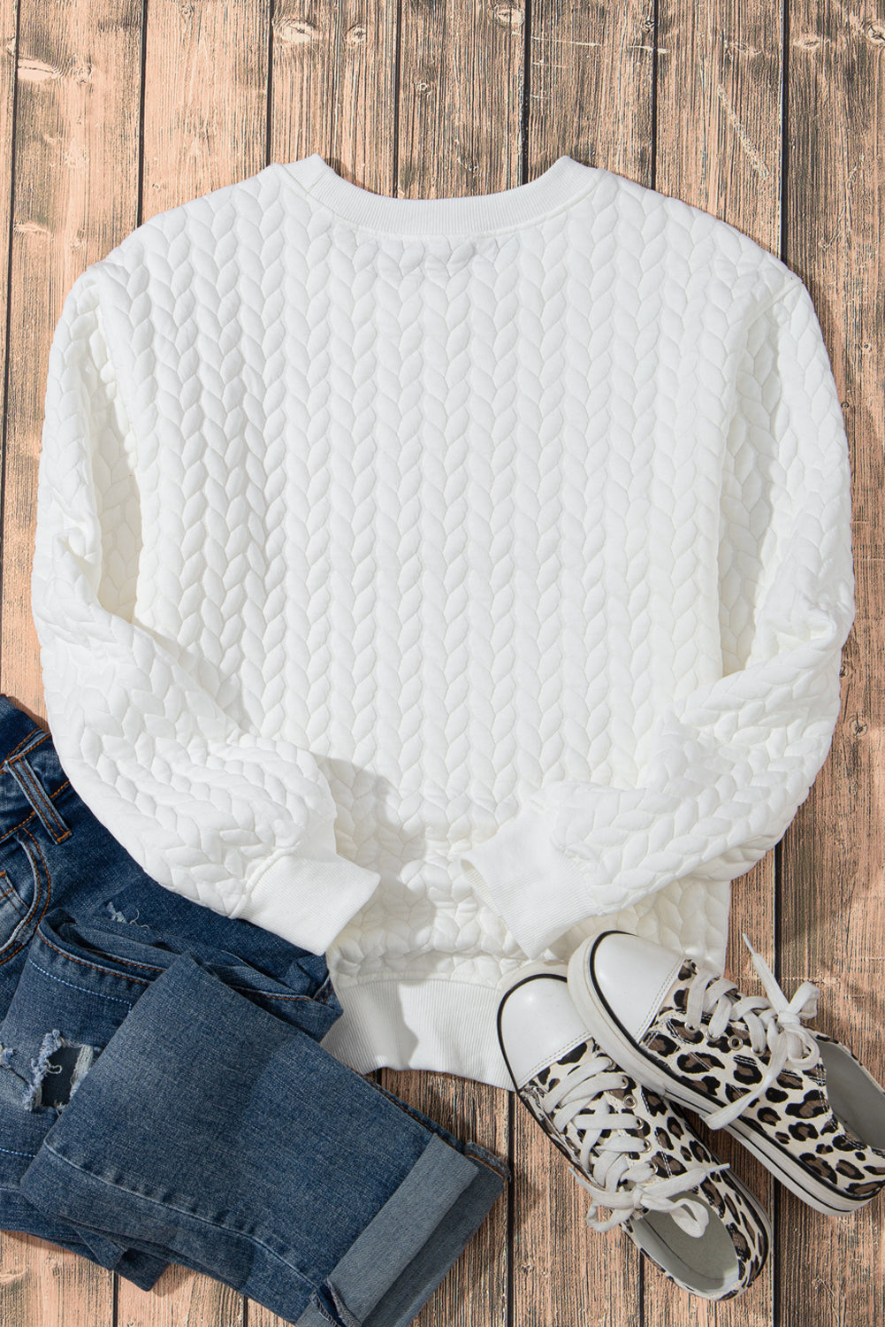 White LUCKY Chenille Embroidered Cable Knit Pullover Sweatshirt