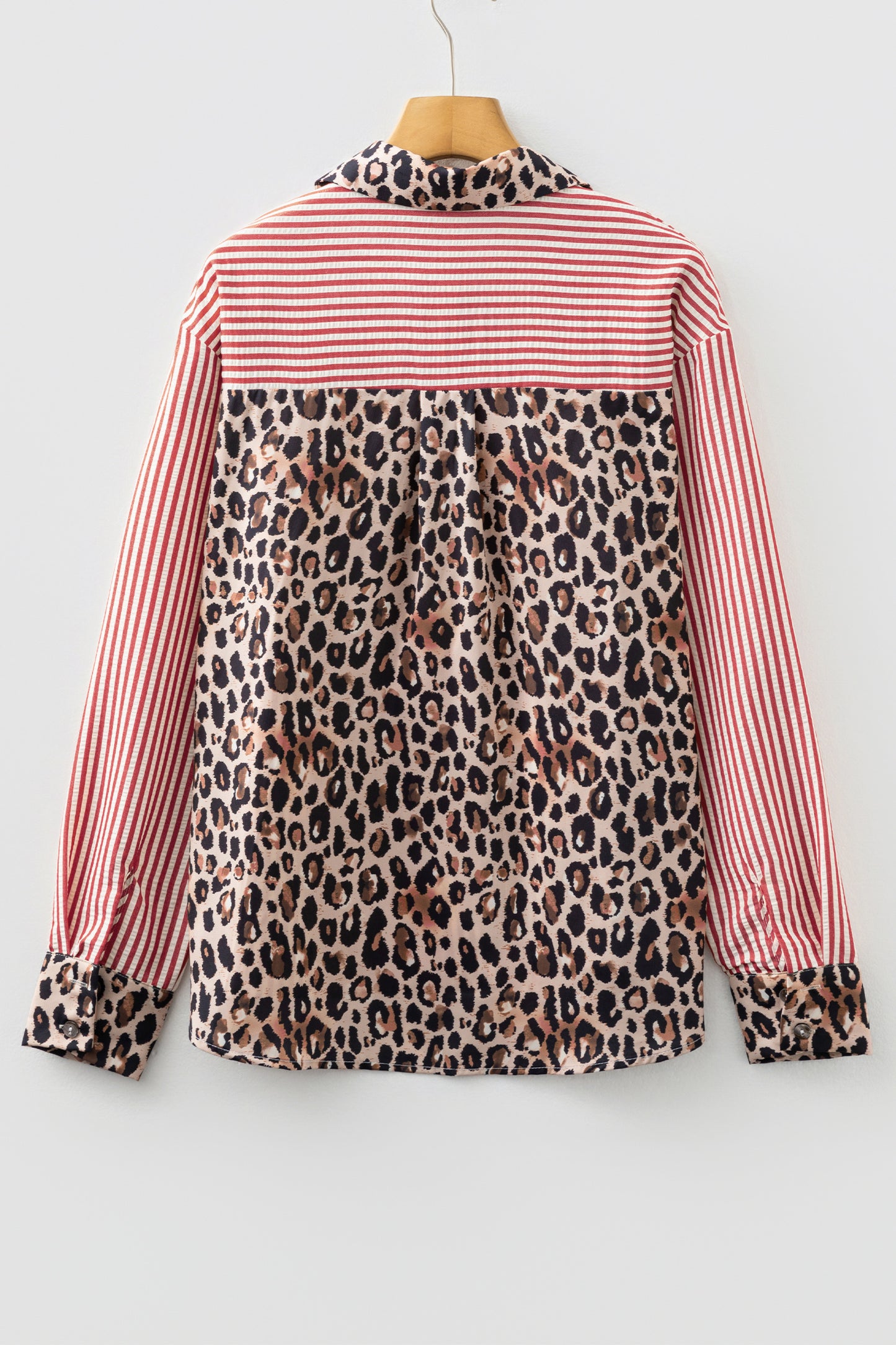 Black Striped Leopard Print Patchwork Button Up Womens Shirt