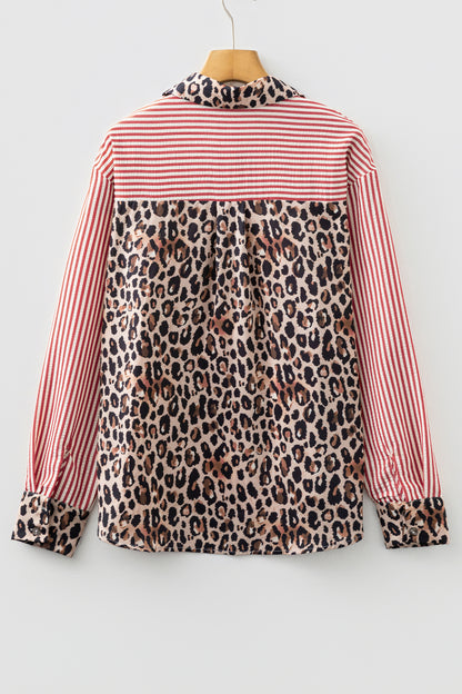 Black Striped Leopard Print Patchwork Button Up Womens Shirt