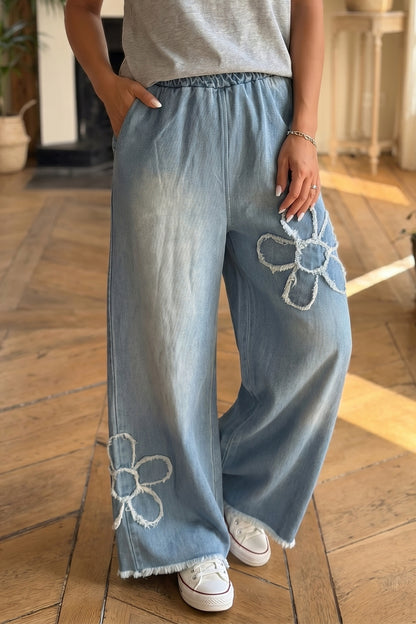Floral Patch Denim Jeans Wide Leg Raw Hem Pants