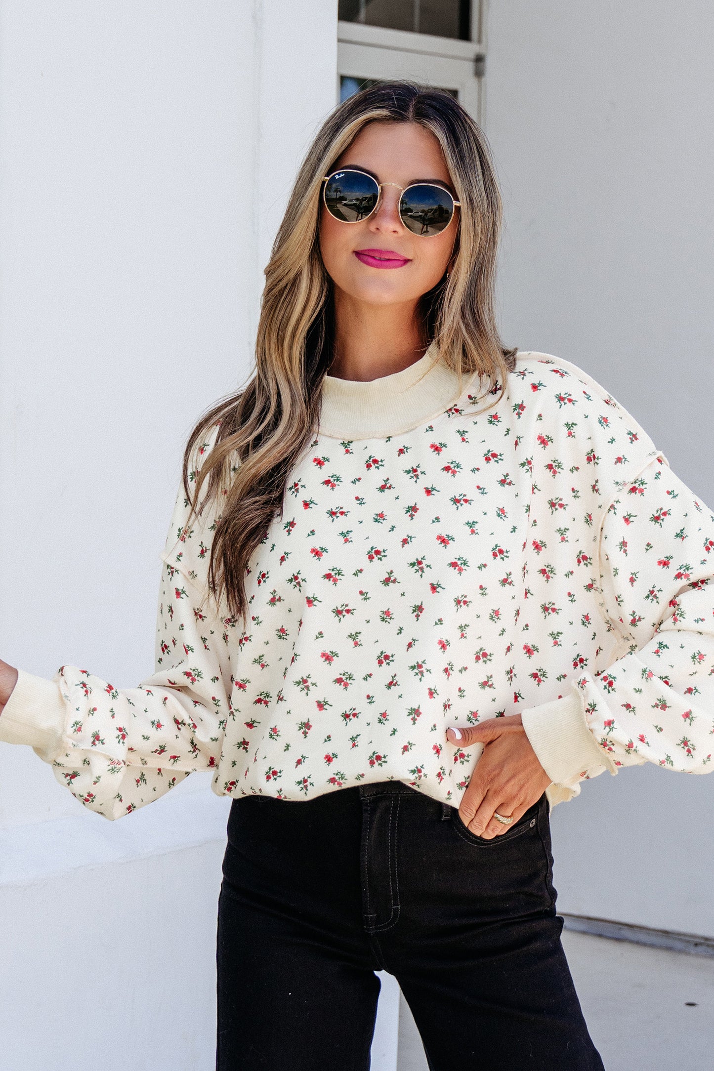 Floral Mock Neck Pullover Sweatshirt Women Casual Top
