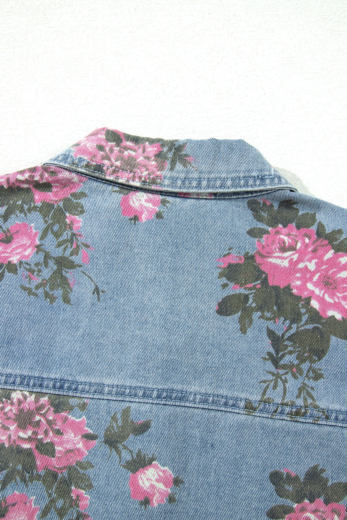 Floral Denim Jacket Ruffle Hem Puff Sleeve Cropped