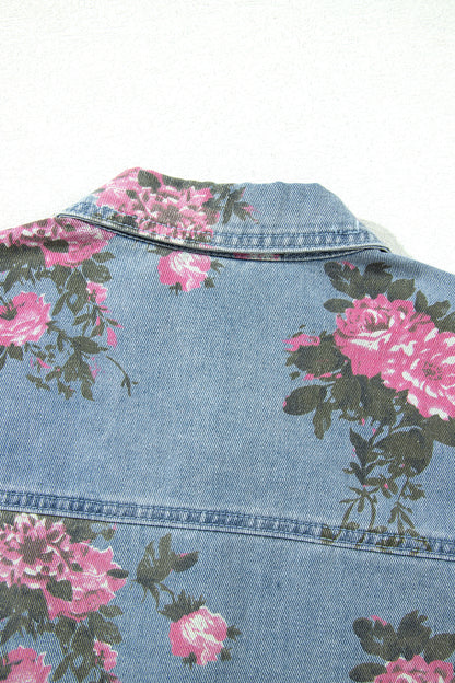 Floral Denim Jacket Ruffle Hem Puff Sleeve Cropped