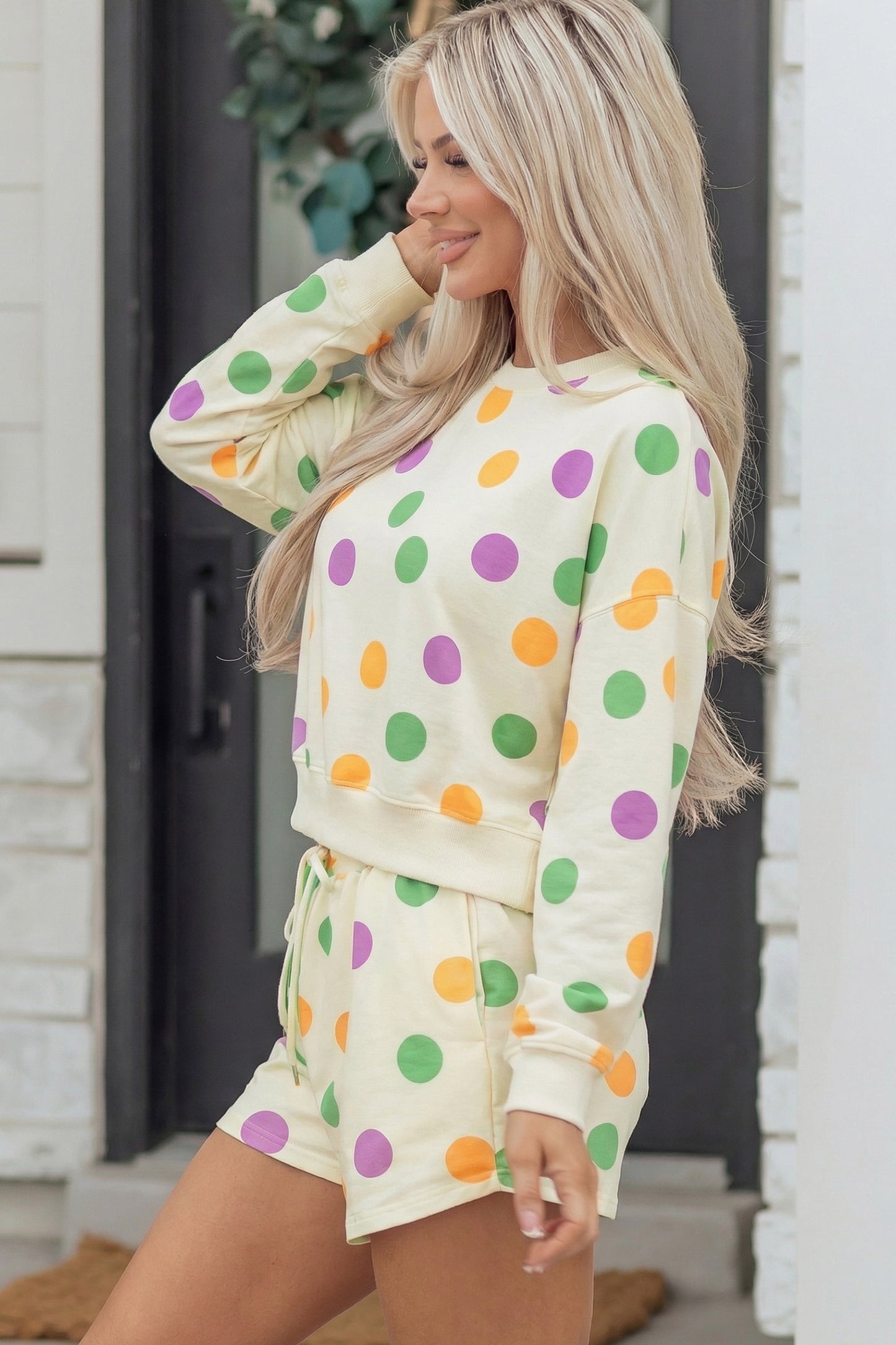 Pink Polka Dot Drop Shoulder Pullover Shorts Set