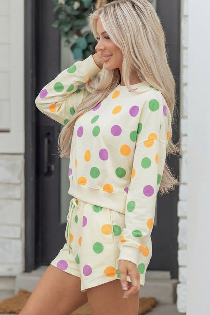 Pink Polka Dot Drop Shoulder Pullover Shorts Set
