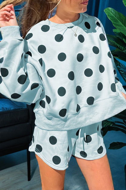 Pink Polka Dot Drop Shoulder Pullover Shorts Set