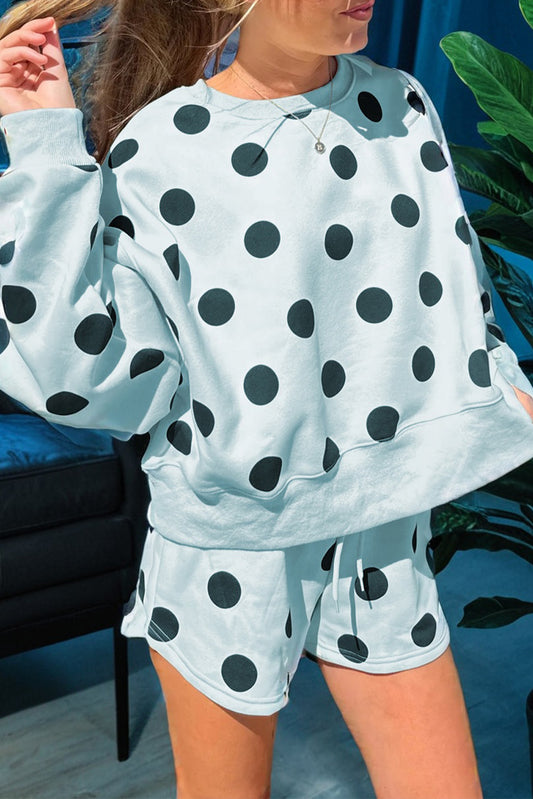 Pink Polka Dot Drop Shoulder Pullover Shorts Set