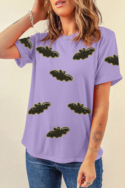 Purple Sequin Halloween Bat Graphic Casual T Shirt
