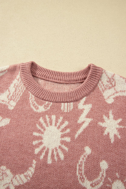 Western Celestial Print Oversized Crew Neck Sweater