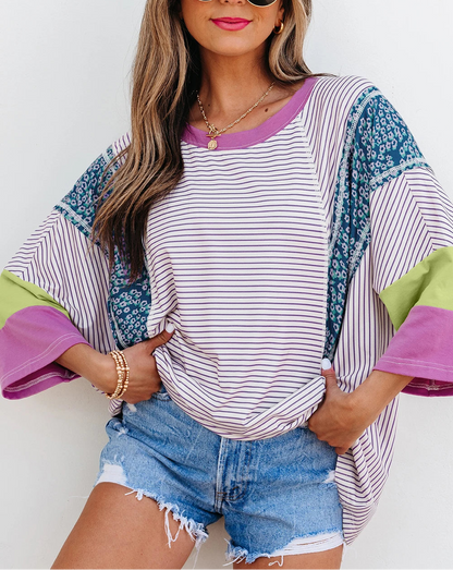 Striped Colorblock Oversized Top Casual Loose T Shirt