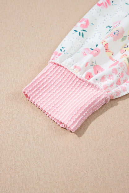 Pink Twisted Ribbed Trim Floral Print Patchwork Long Sleeve Top