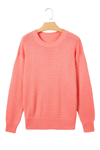 Coral Paradise Drop Shoulder Ribbed Knit Long Sleeve Sweater