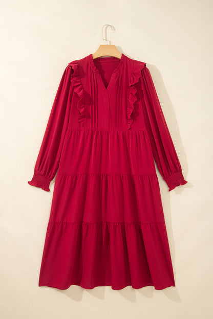 Red Ruffle V-Neck Long Sleeve Tiered Midi Dress