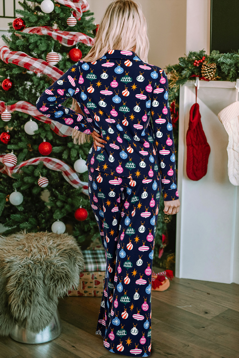 Navy Christmas Ornament Print Long Sleeve Pajama Set