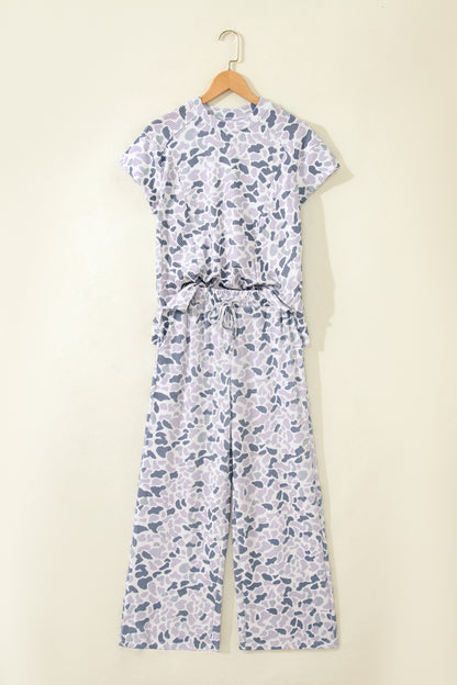 Women Camo Print Two Piece Set Casual Tee Drawstring Pants