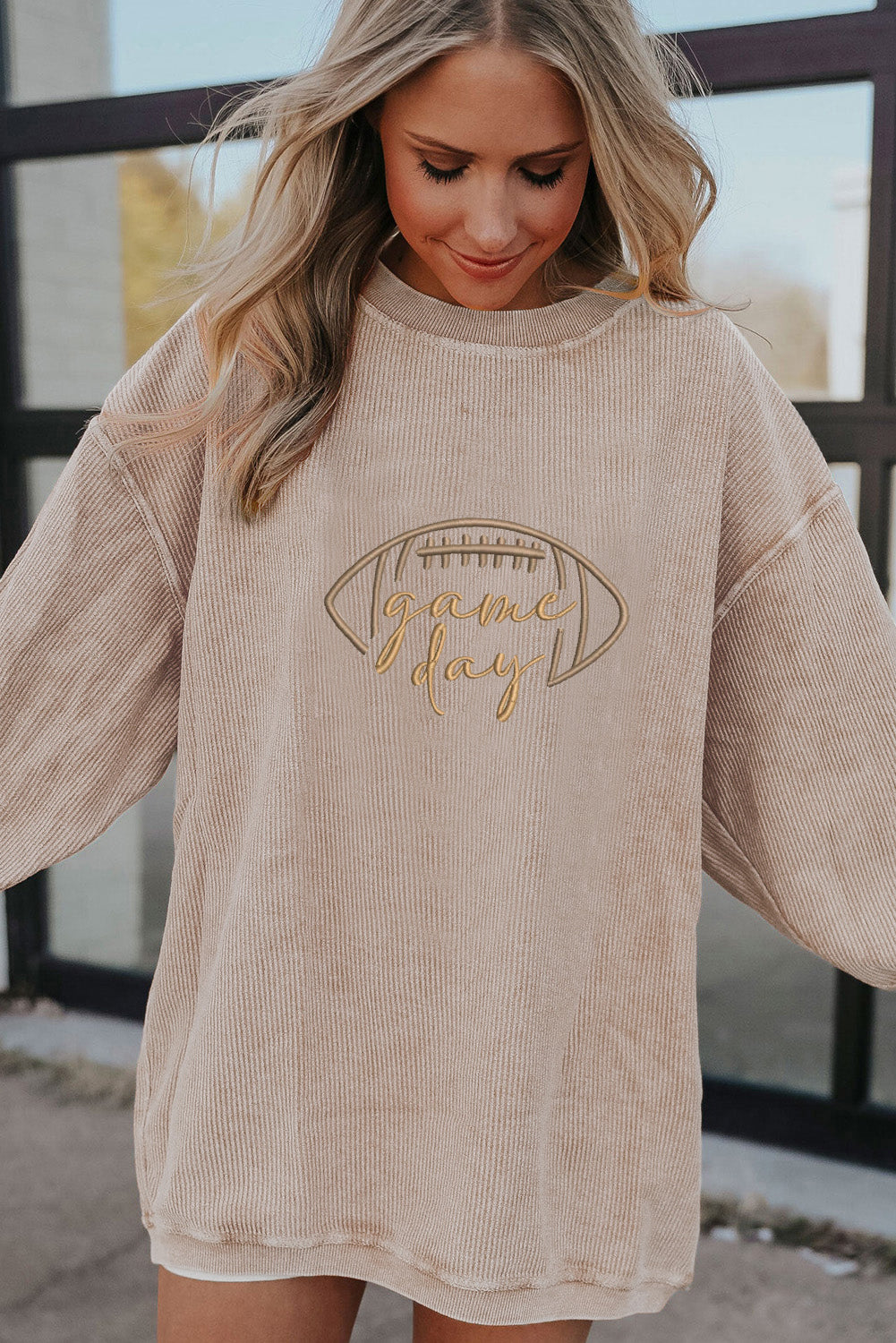 Game Day Oversized Ribbed Sweatshirt with Football Embroidery